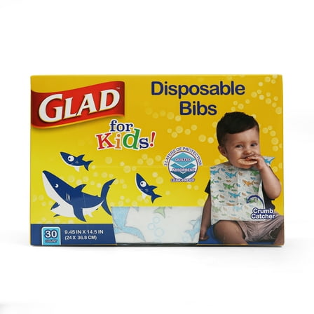Glad For Kids Shark Disposable Bibs with Crumb Catcher Absorbent and Leakproof 30 Count