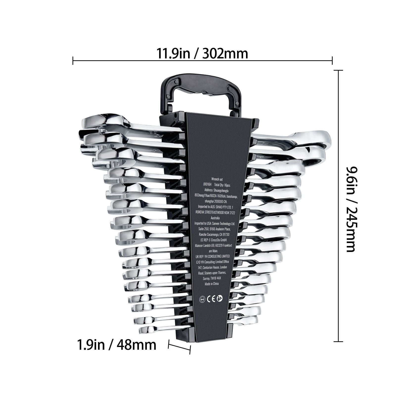 16-Piece Metric Wrench Set with 72-Tooth Ratchet, CR-V Steel, 5° Working Angle, Storage Rack, for Auto Repair DIY Maintenance