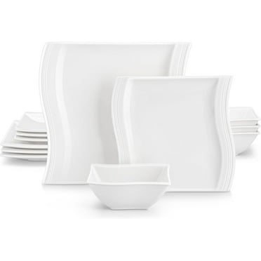 Plates and Bowls Sets, 12 Pieces Modern Porcelain Dinnerware Sets for 4, Marble Dishware Set Kitchen Dining Ware Set, Square Ceramic Dish Set, Microwave and Dishwasher Safe, Series Flora