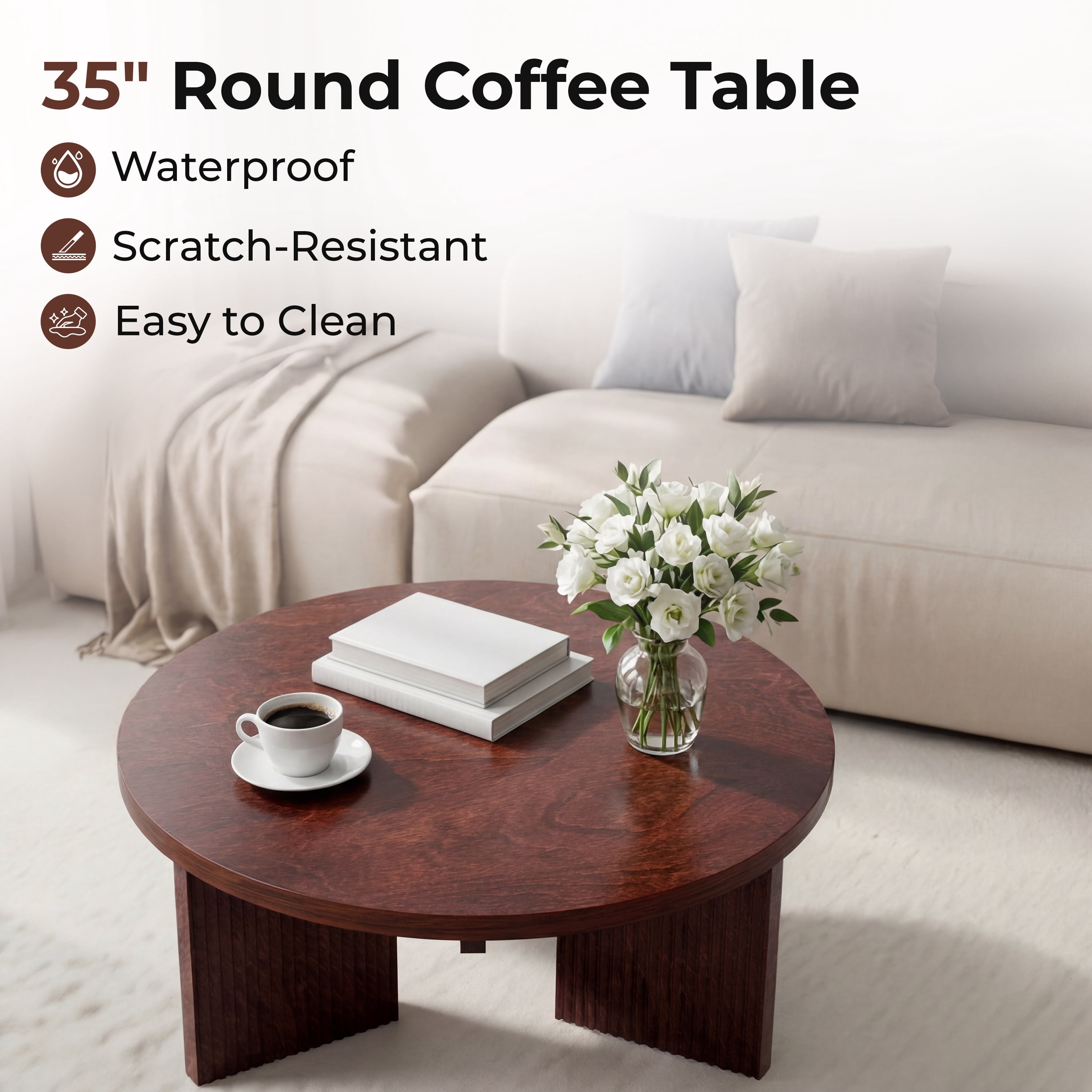 Noodeniya 35" Round Coffee Tables, Accent Tea Tables for Living Room, Burgundy