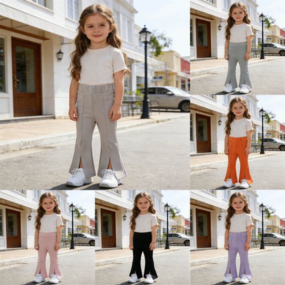 MAIHAN Girls Korean Style Flared Pants,Front Slit Casual Trousers Autumn Fashion for Toddlers Kids(Beige,4-5 Years)