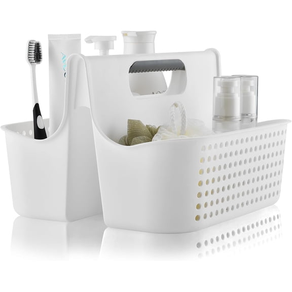 Portable Plastic Shower Caddy Basket, Large Cleaning Supply Caddy Organizer Storage Tote with Handle for Bathroom, College, Self, Cabinet, Dorm Room Essentials - White