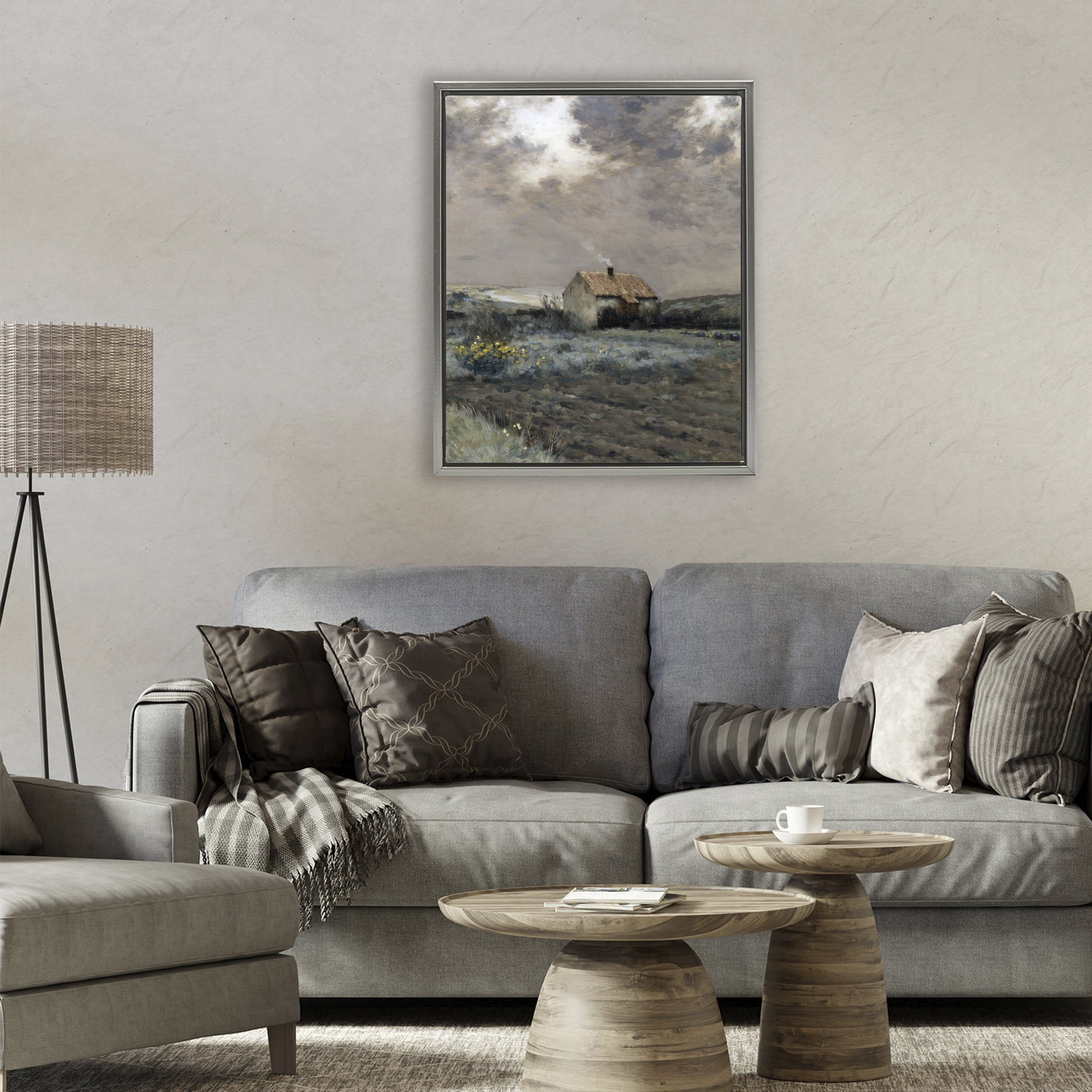 Cabin in Overcast Field Gray Framed Floater Canvas Wall Art, design by Lettered and Lined