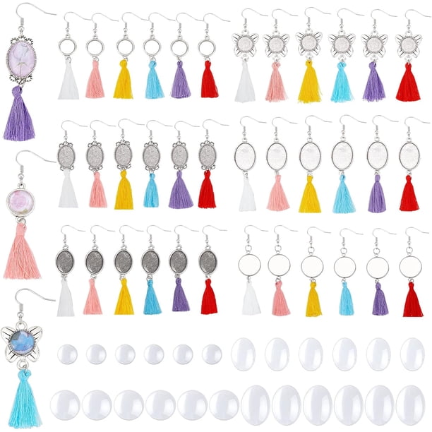 72 juegos de aretes con cabujón en blanco, 6 estilos, bandejas de bisel para aretes, ganchos colgantes con cabujón de vidrio transparente, borla de alambre para aretes