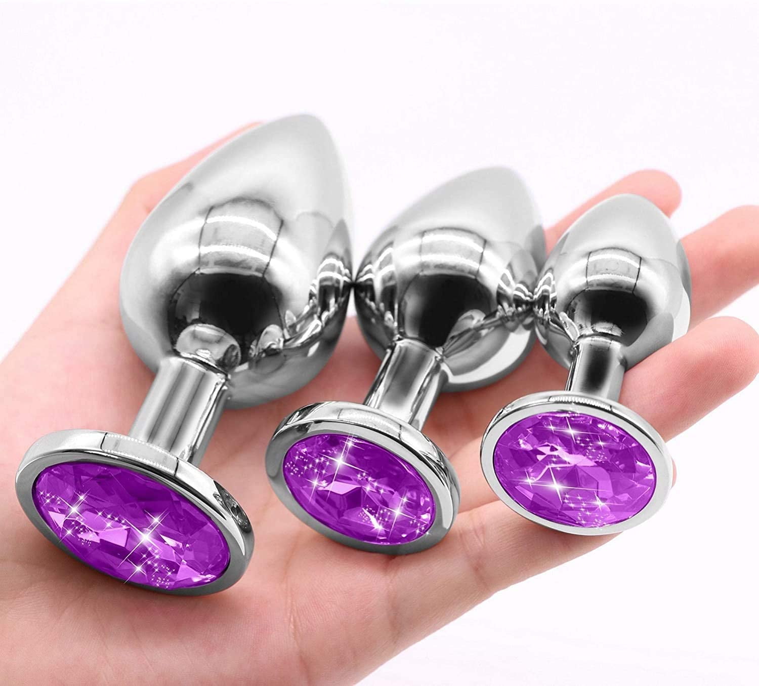 Unisex Metal Anal Trainer with Love Type Diamond Inset Bottom, Butt Plug Sex Toy for Men Women P Spot Stimulate Massager- Purple