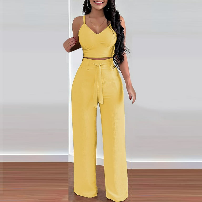 Outfits for Women 2 Piece Sets Womens Matching Tops and Pants Sets Women's  Solid Color Two Piece Cotton and Linen Pleated Suspender Top Wide Leg Pants