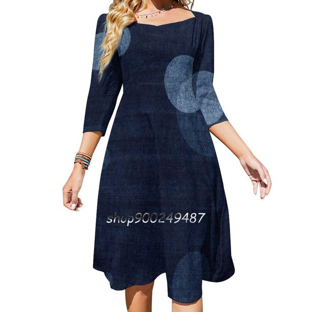 Vestido con vuelo lunar Vestido de cuello cuadrado Vestido elegante de moda femenina Vestido estampado Luna azul Ciclo lunar Luna azul índigo oscuro