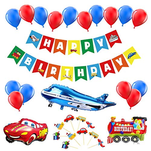 Transportation Birthday Decoration Kit Car Train Plane Happy ay Party Banner With Mylar Balloons Cupcake Toppers Walmart Com