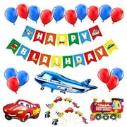Transportation Birthday Decoration Kit, Car Train Plane Happy Bday Party Banner with Mylar Balloons Cupcake Toppers