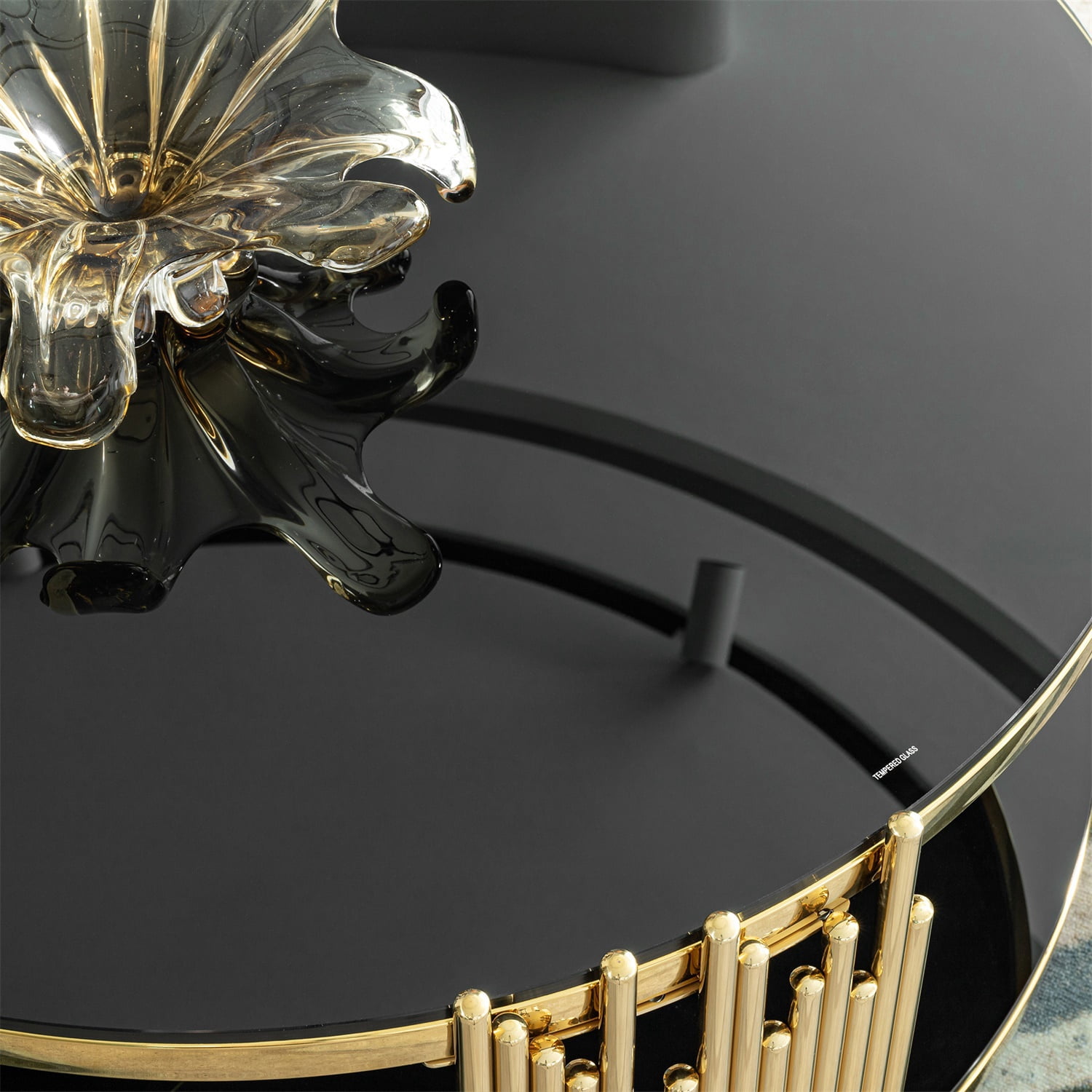 Hommoo Modern Round Coffee Table with Double-Tier Tempered Glass & Stainless Steel Frame, 31.5" Diameter, Easy Assembly, Living Room, Office & Bedroom Use, Black & Gold