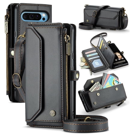 Compatible with Google Pixel 8 Wallet Case, 10 Card Slots & 1 Zipper Coin Pocket & 1 Cash Slot & 1 Cash Pocket & Lanyard & Crossbody Strap & Kickstand & RFID Blocking Phone Case, Black