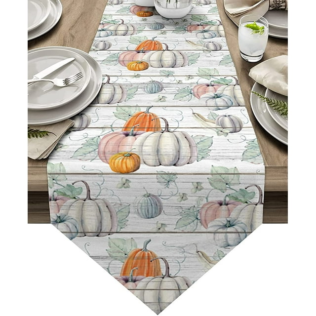 Chemin de Table en Coton et Lin, Foulards pour Commode, Aquarelle Récolte d'Automne à la Ferme, Citrouilles et Bois Gris Vintage, Couvre-Table Antidérapants, Déco pour Salle à Manger de Style Ferme, Baby Shower, Fêtes en Plein Air, 13x70 Pouces