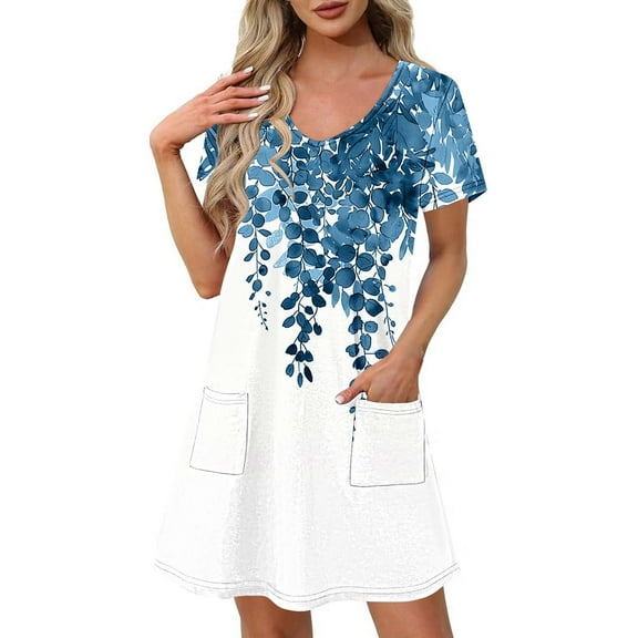 GaThRRgYP Athleisure Crew Neck Dress-Streetwear Inspired,Women's Fashion Summer Print Short-sleeved V-neck Casual Dress Navy S
