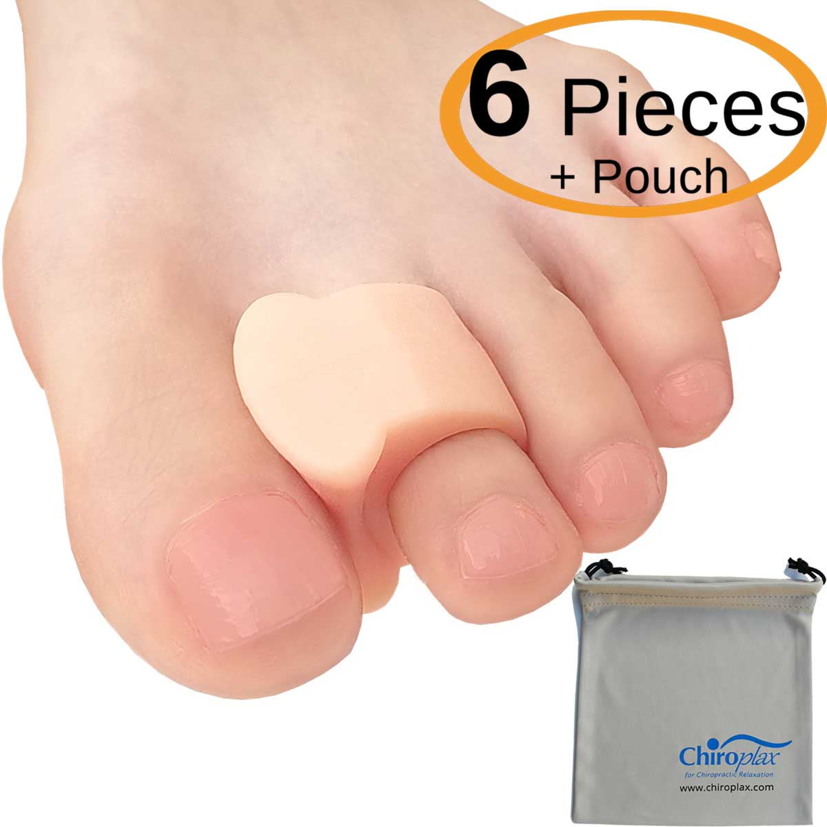 Chiroplax Toe Separators Spacers (6 Pieces+ 1 Pouch) Gel Toe Spreader for Bunion Relief