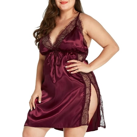 

CHAMAIR Sexy Pajamas Charming Suspender Nightdress Silky Satin Plus Size (Wine Red L)