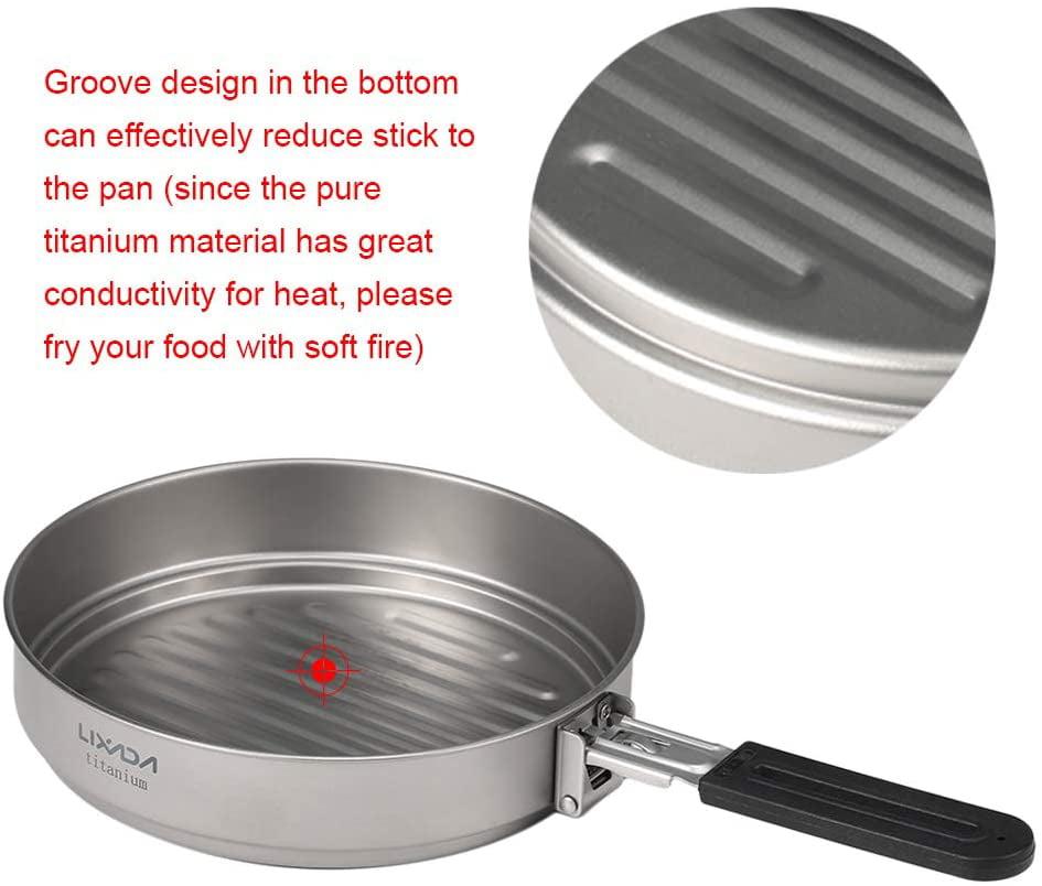 Daerzy Ultralight Titanium Frying Pan for Outdoor Camping Hiking Backpacking Cooking Pan with Folding Handles 