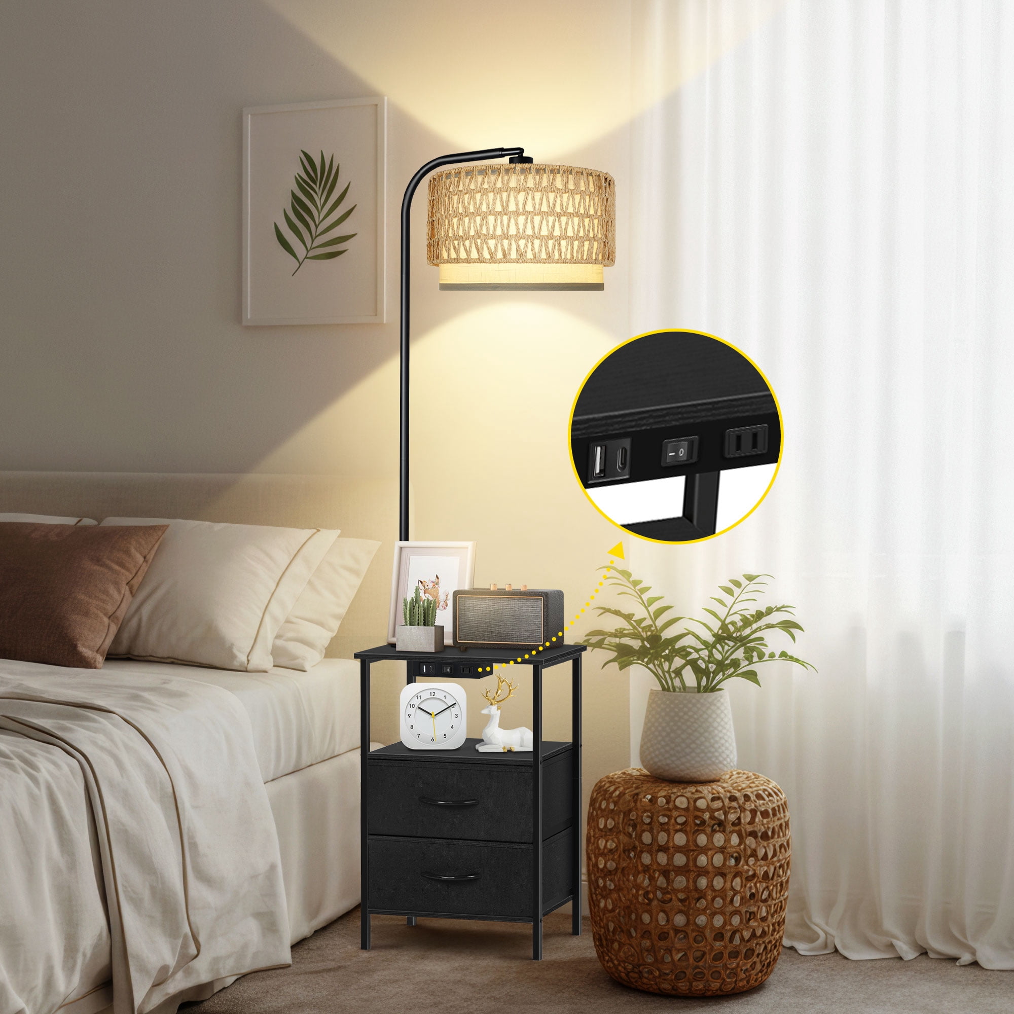 OUTONLIFE Floor Lamp with Table for Bedroom Living Room, End Table with 2 Drawers , Lamp with USB Port and Outlet, 3 Color Led Bulb Included, Black