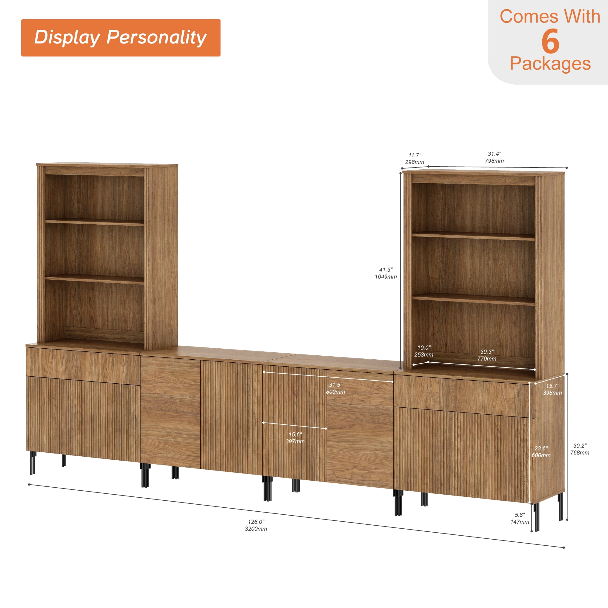 71" Tall Arched Kitchen Pantry Cabinet Set of 2, Wood Bookcase Display Cabinet With Drawers And Open Arched Shelves, Mid-Century Modern Versatile Cupboard For Dining Room, Bedroom