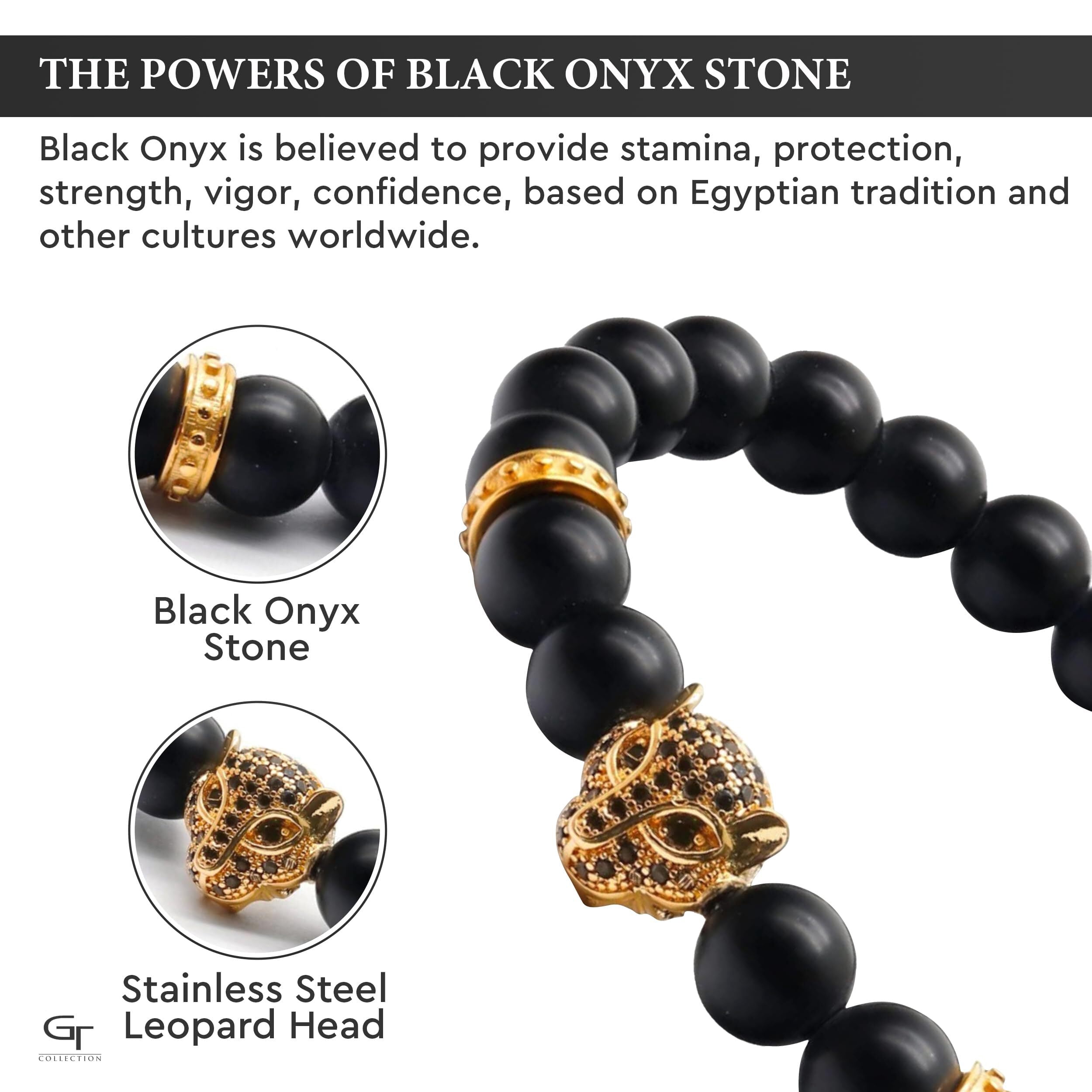 Men's BLACK ONYX Bracelet with Golden LEOPARD Head  | Gift for Men | One Size Fits All | 100% Natural | Gemstone Adjustable Bracelet