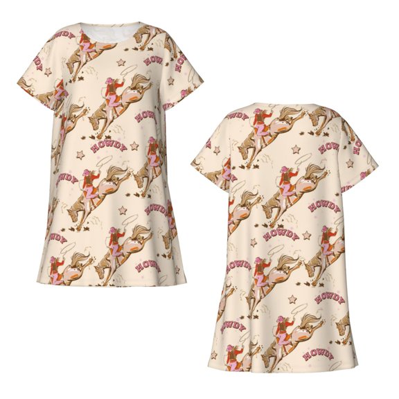 Horeoi Howdy Cowgirl Print Women's Short-sleeved Nightdress Breathable Cotton-like Material Loose A-line Knee-length