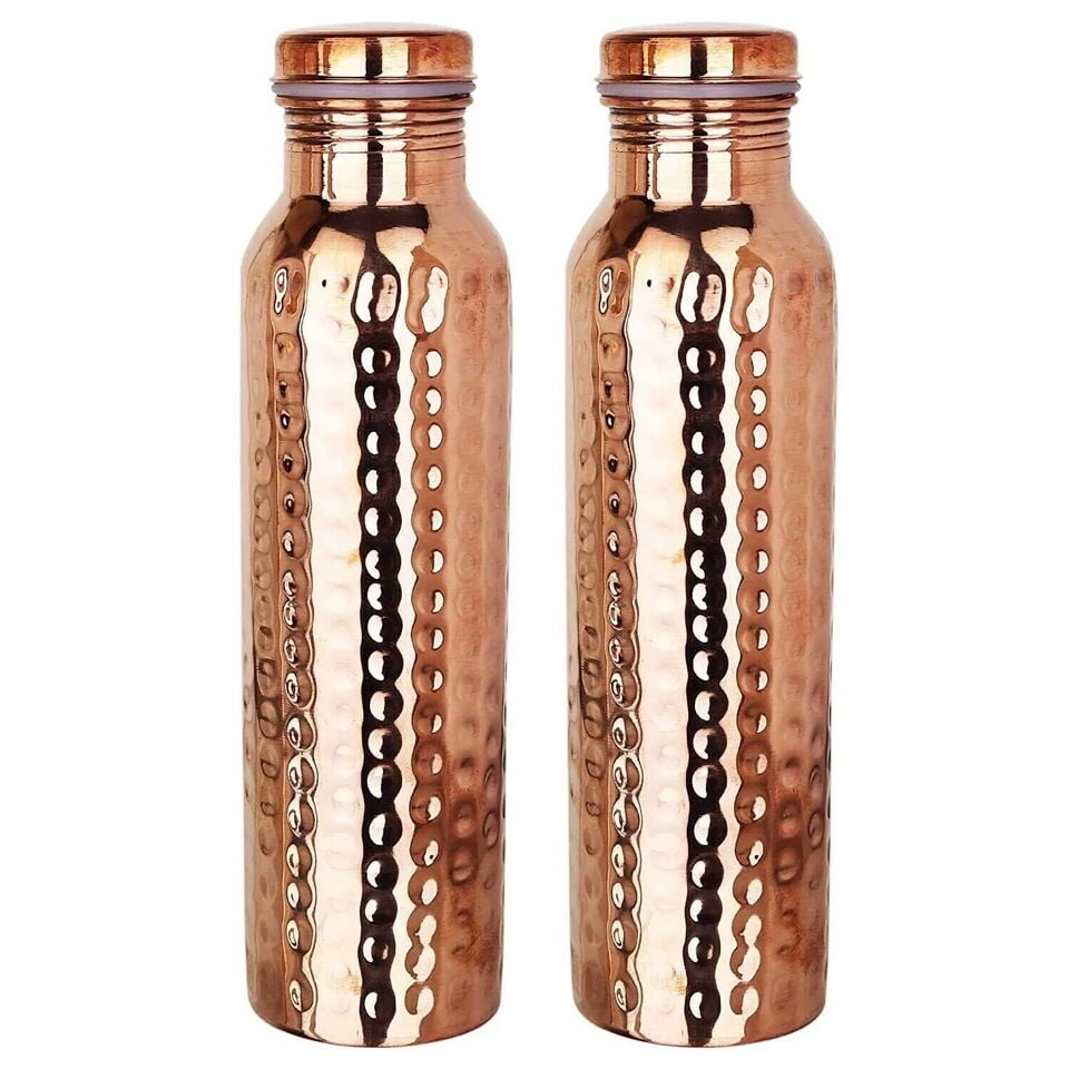 2 X Pure Copper Hammered Water Bottle For Ayurveda Health Benefits Leak Proof 100%