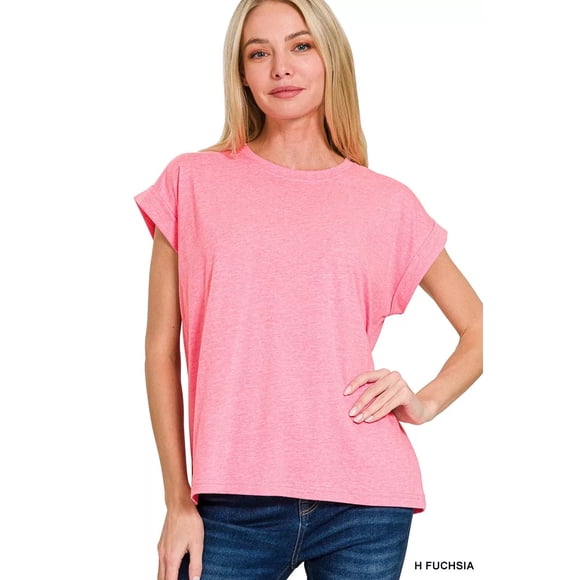 Je Suis une Accro de la Mode Zenana T-Shirt à Col Rond à Manches Courtes Pliées (HFUSCHI, S)