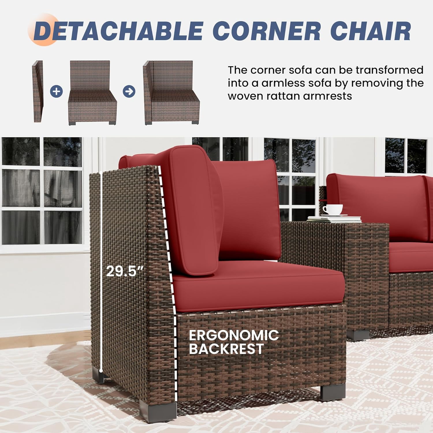 ELPOSUN Outdoor Sectional Furniture Set with Fire Pit Table, 7-Piece Brown Rattan Wicker Conversation Sofa Set for Porch Garden Backyard Balcony,Wine Red