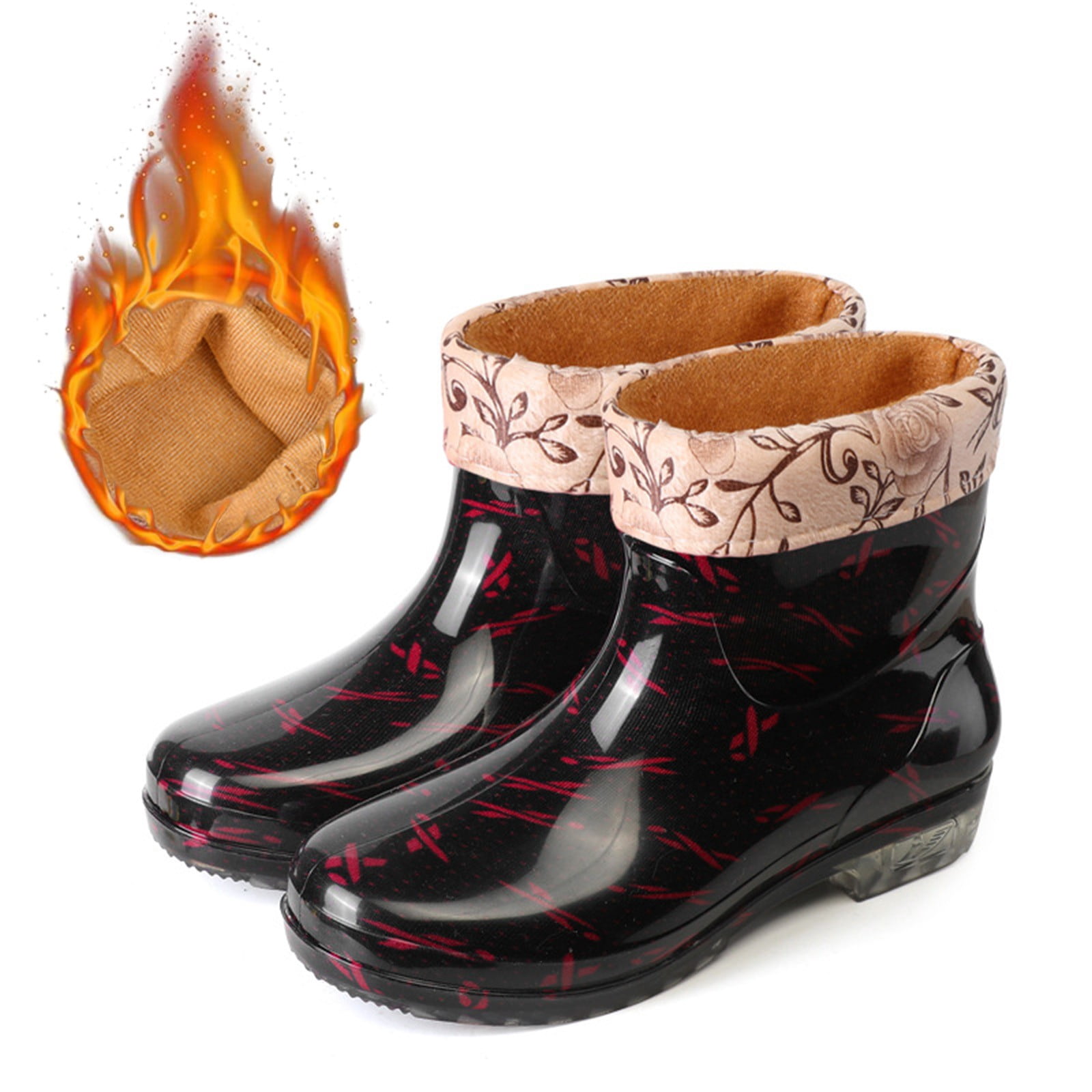 Mepaouo Ankle Rain Boots for Women Floral Fleece Lined Garden Shoes Waterproof Walking Outdoor Rainboot