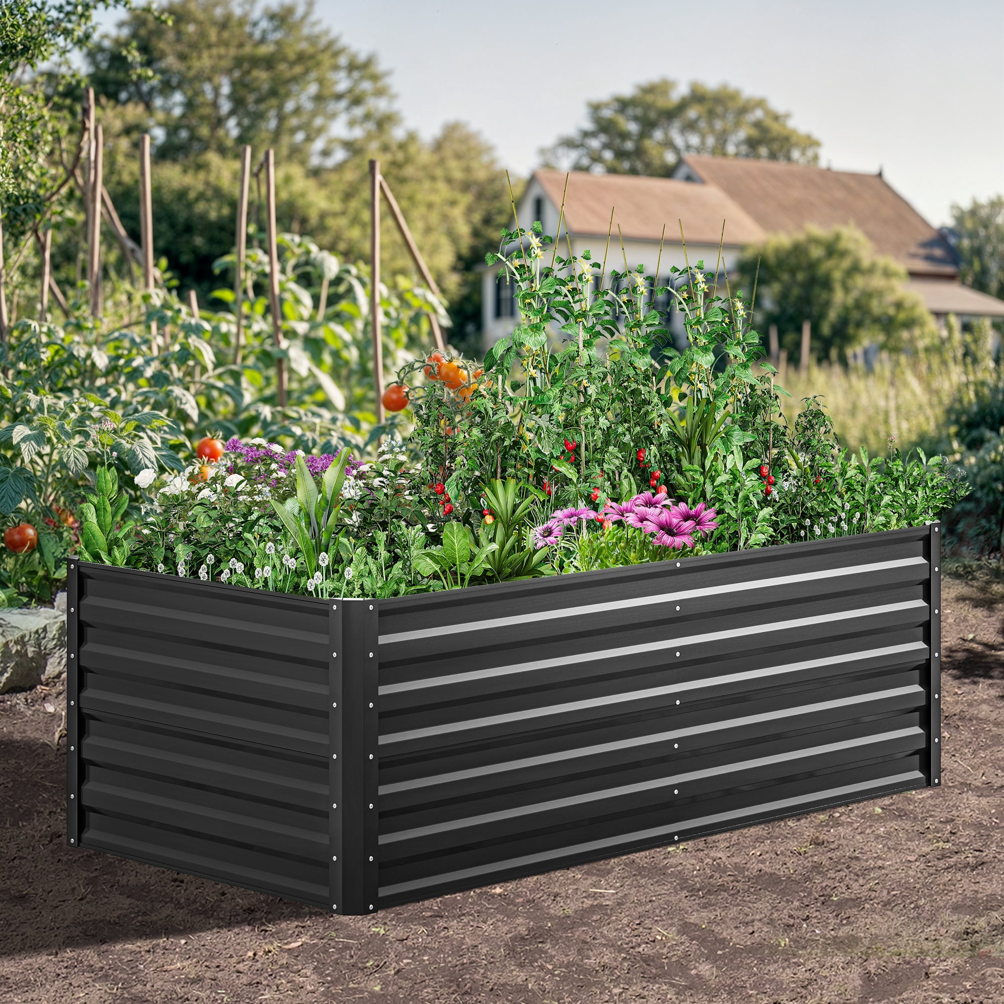 Dextrus 6x3x2Ft Large Raised Garden Bed, Galvanized Metal Planter with Accessories & Gloves, Black