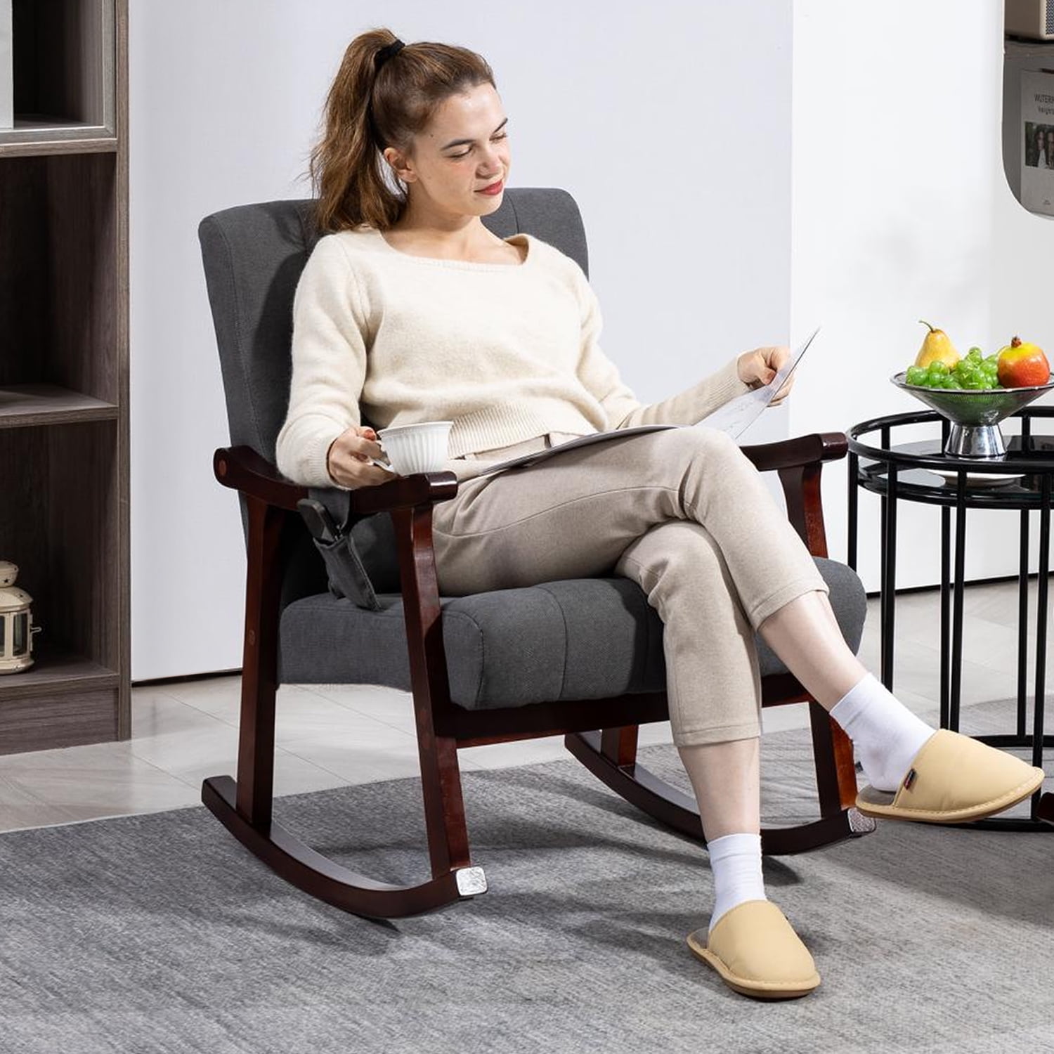 Upholstered Rocking Chair with Massage Lumbar Support,Glider Chair with Side Pocket, Nursery Rocker with High Backrest,Rubber Wood Legs, Rocking Accent Armchair for Living Room Bedroom Nursery
