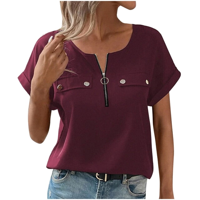 Tops de Manga Corta de las Mujeres Casual, de Gran Tamaño Sólido con Capucha de Cuello en V, Camiseta de Manga Corta