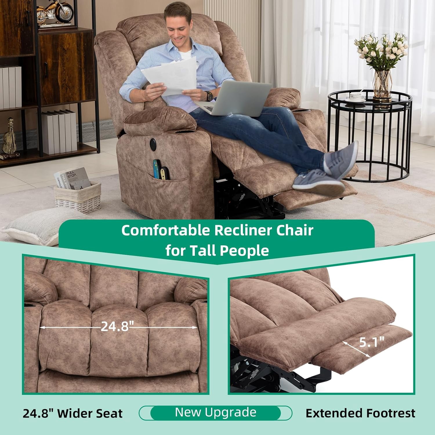 VIVIJASON Tall Man Large Power Lift Recliner Chair with Massage and Heat for Elderly, Overstuffed Wide Electric Lift Recliner w/Extended Footrest, 2 Cup Holder, Side Pockets & USB Ports, Fabric Brown