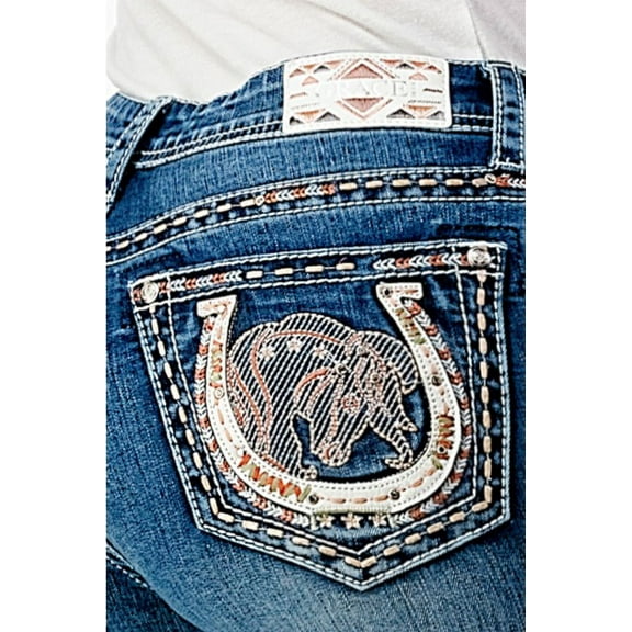 Grace in LA Women's Western Horseshow Bull Embroidered Stretch Bootcut Jeans (25, Blue)