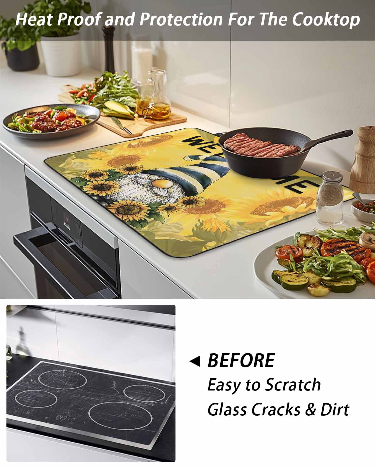 Stove Top Covers for Electric Stove 28.5x20.5 Inches, Sunflowers Gnomes Heat Insulation Fireproof Glass Cooktop Protector, Summer Yellow Floral Leaf Plant Countertop Stovetop Cover for Kitchen