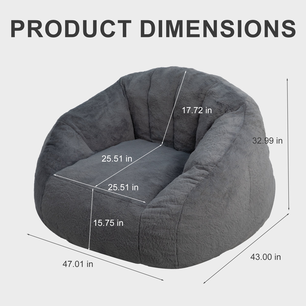 Ebenchico 3.9ft Bean Bag Chair for Adults Teens Kids, Shell Shape Faux Fur Beanbag Chairs, Memory Foam Filled Floor Chair for Reading, Gaming, Relaxing(Dark Gray)