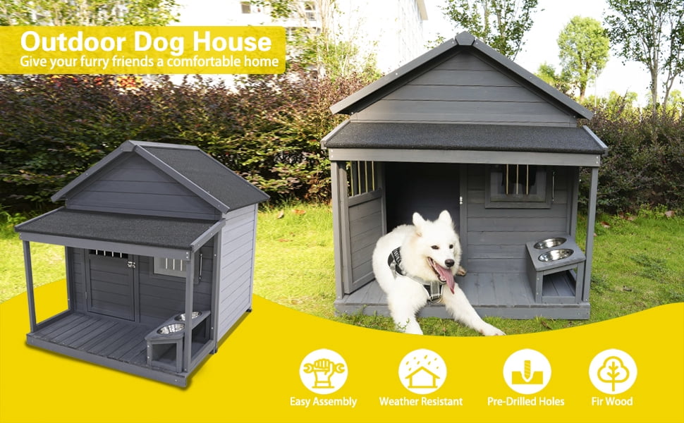imerelez Large Dog House with Terrace 44.2"x44.6"x44.6" Solid Wood Weatherproof Outdoor Kennel for Dogs up to 80lbs, Gray