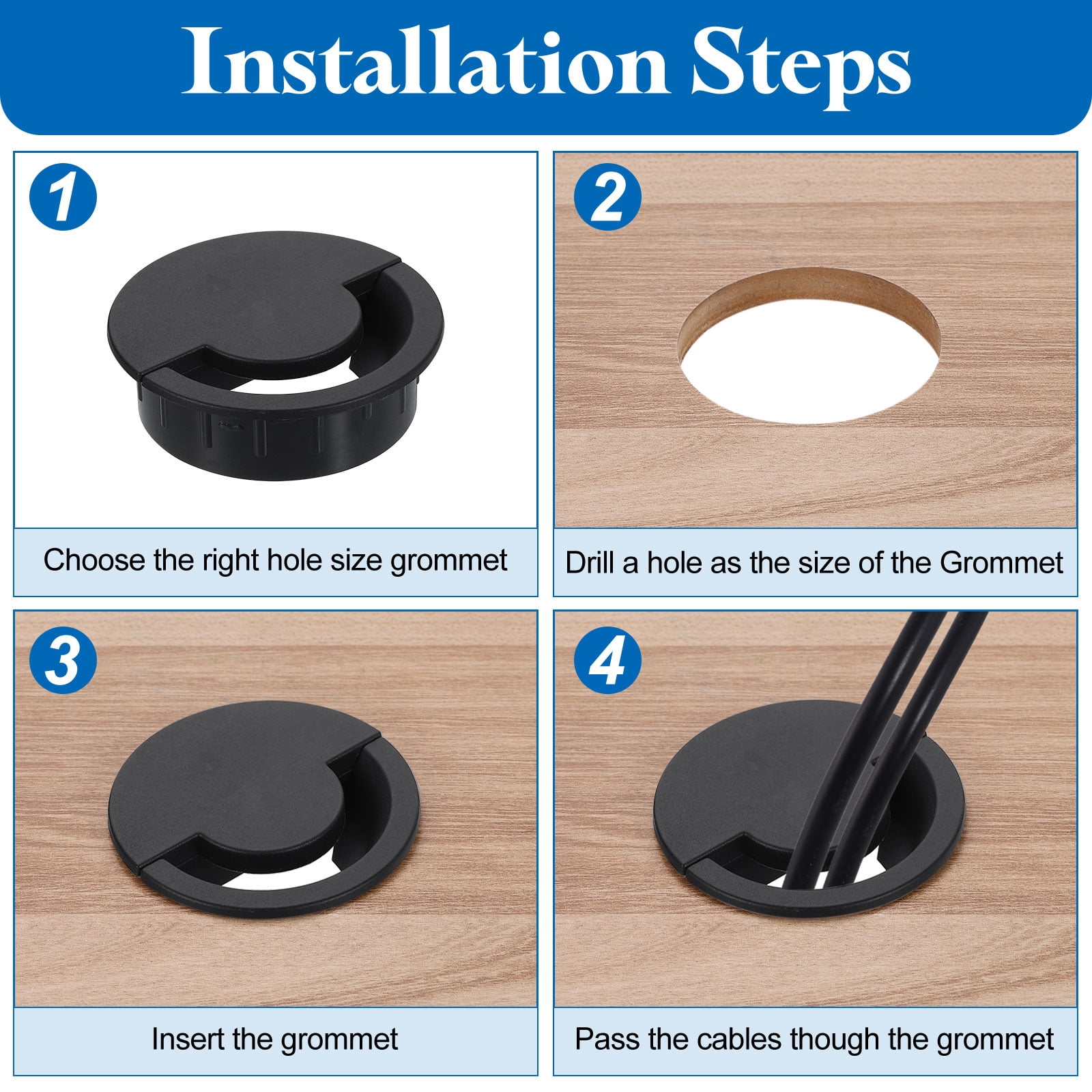 8 Pcs Desk Grommet, 87 Mm/3.43 Inch Cable Wire Grommet Organizer, Black