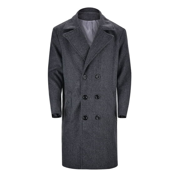 Overcoat for Men Double Collar Long Jacket Cotton Blend Peacoat Outerwear Clothes, Dark Gray, Size S