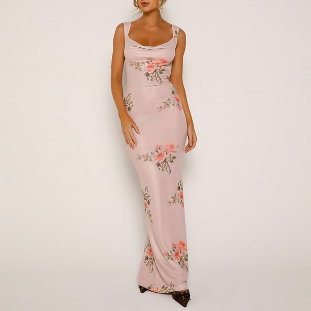 Vestido De Color Sólido Vestido sin espalda para mujer, vestido camisola con cintura elástica, vestido largo informal elegante Cgtredaw Rosa Xxs para Mujer