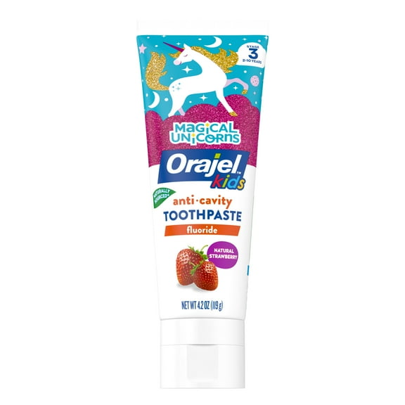 Orajel Kids Magical Unicorns Anti-Cavity Fluoride Toothpaste, Natural Very Berry Strawberry Flavor, 4.2oz Tube