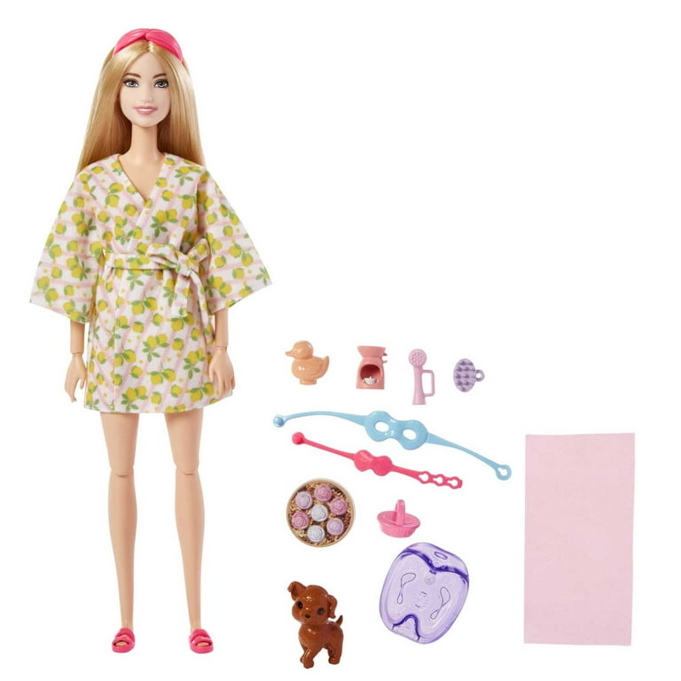 Barbie Self Care Posable Doll Blonde Spa Day Doll in Bathrobe with Puppy and Accessories