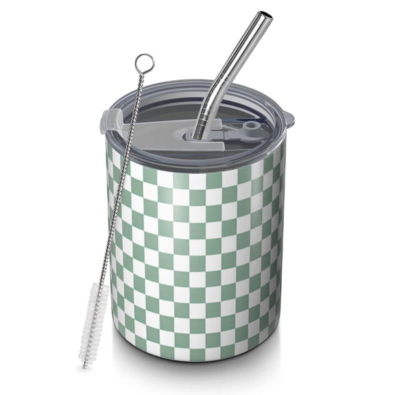 12oz Coffee Tumblers Green and White Checkerboard Pattern Stainless Steel Vacuum Insulated Travel Tumbler Coffee Cups Mug with Lid and Straw with Cleaning Brush for Cold & Hot Drinks
