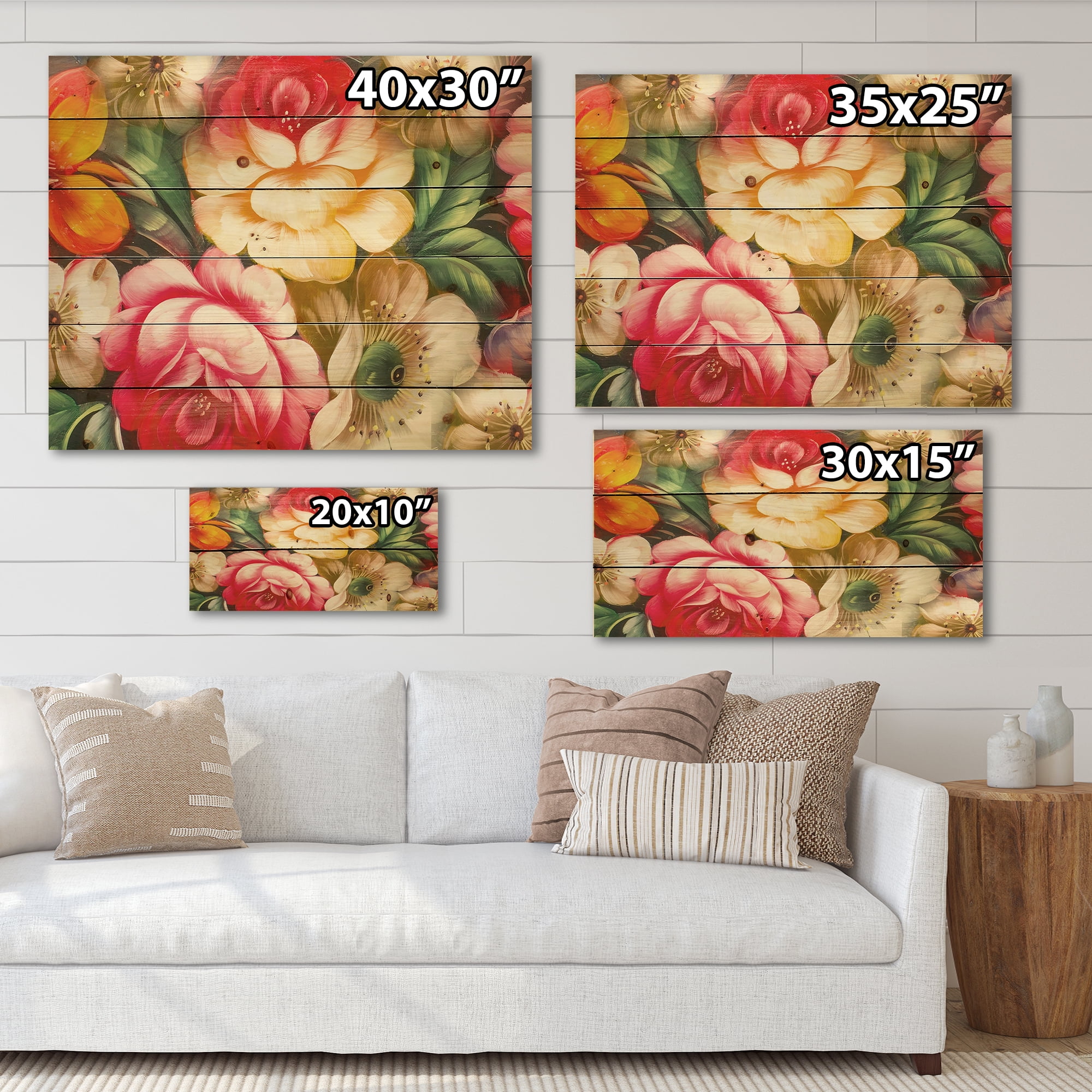 Designart 'Red and Yellow VIntage Flowers' Traditional Print on Natural Pine Wood