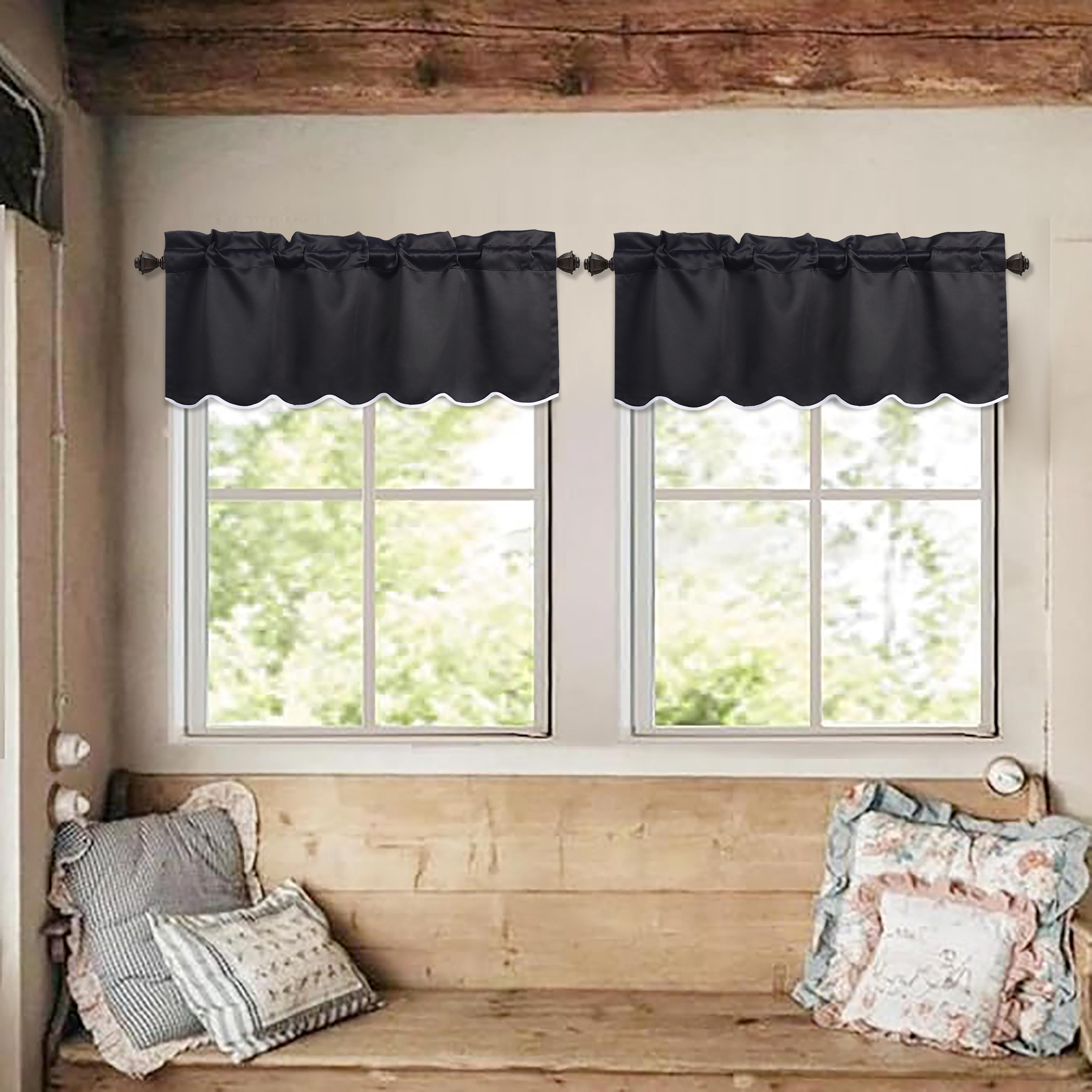 HIG 2 Panels Blackout Window Treatment Valances, 52"W x 18"L Color-Block Scalloped Valances, Decorative Rod Pocket Short Curtain Panel for Kitchen, Window, Bathroom, Black