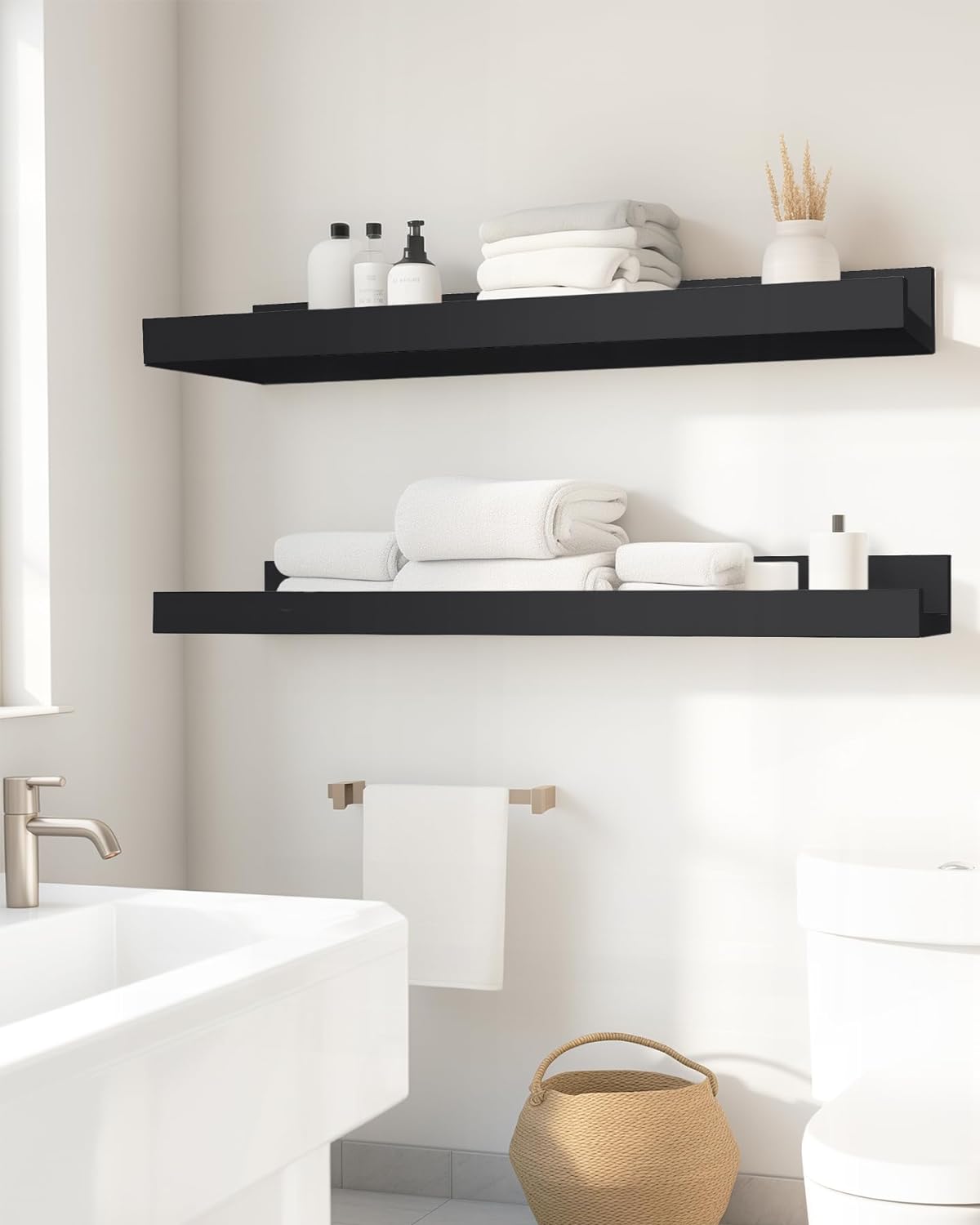 MIRROTOWEL 24” Floating Shelves for Wall Décor Storage, Set of 2, Wood for Bedroom, Living Room, Bathroom, Kitchen, Picture Ledge and Farmhouse (Black）