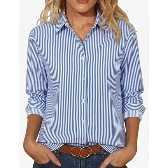 Edvintorg Blouses for Women Dressy Casual Striped Long Sleeve Turndown Collar Button Down Shirt Women Tops Fashion Clothing Red XXL