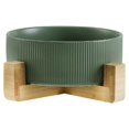 thumbnail image 1 of Cuenco de cerámica para mascotas Zhivalor verde mate de grano recto con soporte de madera, 1 of 5