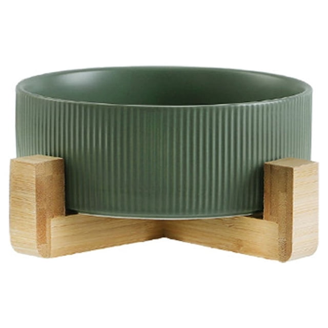 Cuenco de cerámica para mascotas Zhivalor verde mate de grano recto con soporte de madera