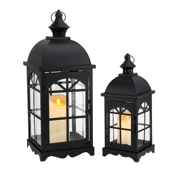 Set of 2 Decorative Vintage Candle Lanterns 14.5"&20" H Farmhouse Outdoor Hanging Lanterns with Tempered Glass