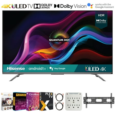 Hisense 55U7G 55 Inch U7G Series 4K ULED Quantum HDR Smart Android TV 2021 Bundle with Premiere Movies Streaming + 37-70 Inch TV Wall Mount + 6-Outlet Surge Adapter + 2x 6FT 4K HDMI 2.0 Cable